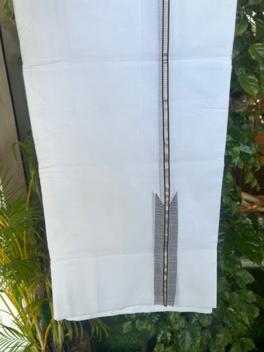 25% Discount! NEW ULTRA PURE WHITE HANDLOOM Balaramapuram - 100% Mercerised Cotton Double Mundu/Dhoti - 120(Twisted) x 80 - 1 inch Silver Kasavu Dark Brown chutty - 44KK5167REA