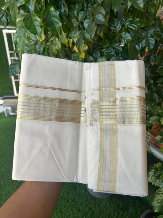 25% DISCOUNT!! KaithariKada Handloom Millpaav Balaramapuram - 100% Pure Cotton OFF White (Unbleached) Double Mundu/Dothi - 80x90 - 2 inch Silver & Gold Kasav striped Kara 4 Meters (8.5 Muzham) - 8 KK5264 RAM