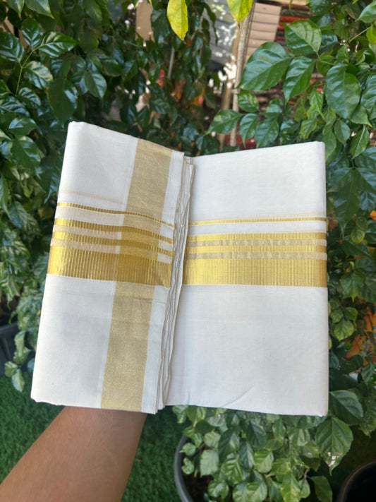 25% Discount!! KaithariKada Handloom Millpaav Balaramapuram - 100% Pure Cotton Off White Double - (Unbleached) Mundu/Dothi -80x90 - 2 Inch Gold Kasav Stripes kara 4mtr (8.5 muzham) - 15 KK5264 RAM
