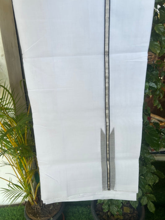 25% Discount! NEW ULTRA PURE WHITE HANDLOOM Balaramapuram - 100% Mercerised Cotton Double Mundu/Dhoti - 120(Twisted) x 80 - 1 inch Silver Kasavu Black & Sage Green chutty - 45KK5167REA
