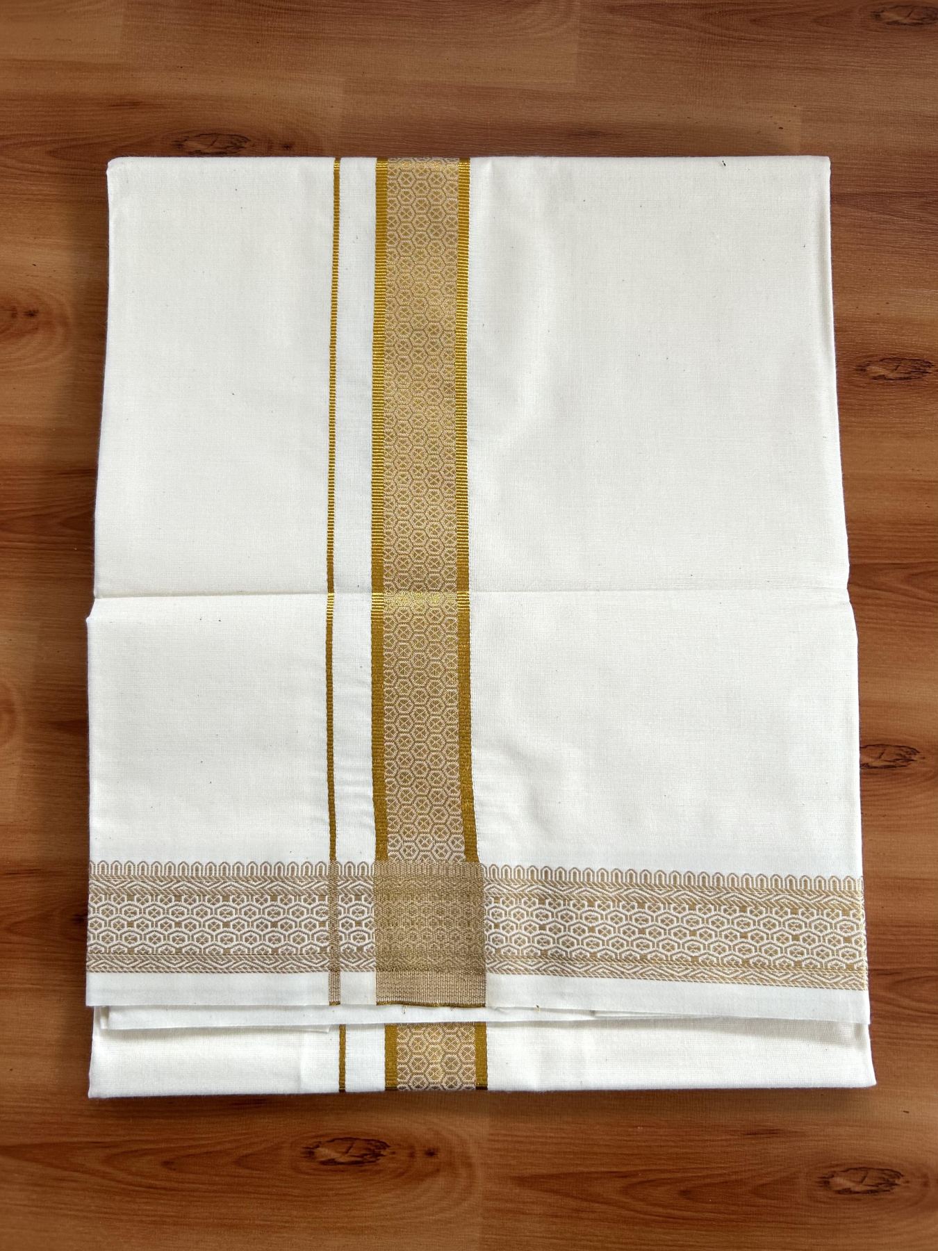 Single Off White - (Unbleached) Mundu/Dhoti - 20% Discount!! Kaitharikada Balaramapuram Pure Cotton - 40s - 1.25 inch Gold Kasav Jacquard Design Kara 2 mtr (4 muzham) - 26 KK5395 GAN