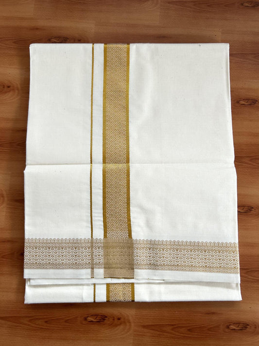 Single Off White - (Unbleached) Mundu/Dhoti - 20% Discount!! Kaitharikada Balaramapuram Pure Cotton - 40s - 1.25 inch Gold Kasav Jacquard Design Kara 2 mtr (4 muzham) - 26 KK5395 GAN