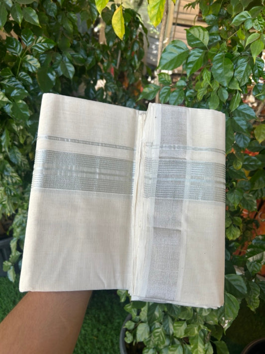 25% DISCOUNT!! KaithariKada Handloom Millpaav Balaramapuram - 100% Pure Cotton OFF White (Unbleached) Double Mundu/Dothi - 80x90 - 2 inch Silver Kasav striped Kara 4 Meters (8.5 Muzham) - 4 KK5264 RAM