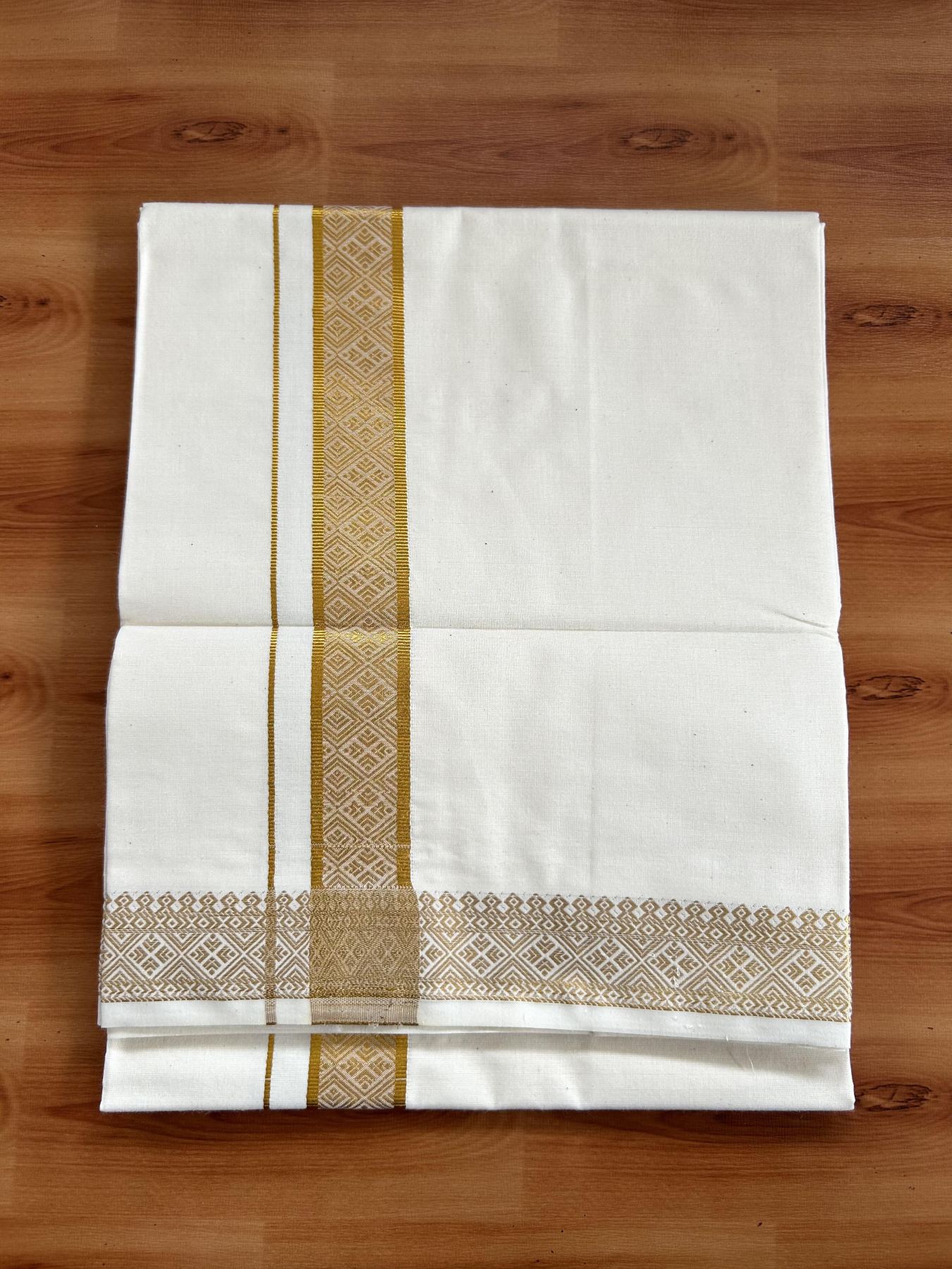 Single Off White - (Unbleached) Mundu/Dhoti - 20% Discount!! Kaitharikada Balaramapuram Pure Cotton - 40s - 1.25 inch Gold Kasav Jacquard Design Kara 2 mtr (4 muzham) - 25 KK5395 GAN