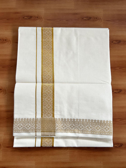 Single Off White - (Unbleached) Mundu/Dhoti - 20% Discount!! Kaitharikada Balaramapuram Pure Cotton - 40s - 1.25 inch Gold Kasav Jacquard Design Kara 2 mtr (4 muzham) - 25 KK5395 GAN