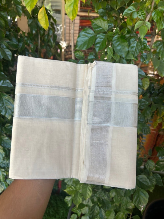 25% Discount!! KaithariKada Handloom Millpaav Balaramapuram - 100% Pure Cotton Off White Double - (Unbleached) Mundu/Dothi -80x90 - 2 Inch Silver Kasav Stripes kara 4mtr (8.5 muzham) - 14 KK5264 RAM