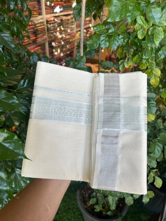 25% DISCOUNT!! KaithariKada Handloom Millpaav Balaramapuram - 100% Pure Cotton OFF White (Unbleached) Double Mundu/Dothi - 80x90 - 2 inch Silver Kasav striped Kara 4 Meters (8.5 Muzham) - 3 KK5264 RAM