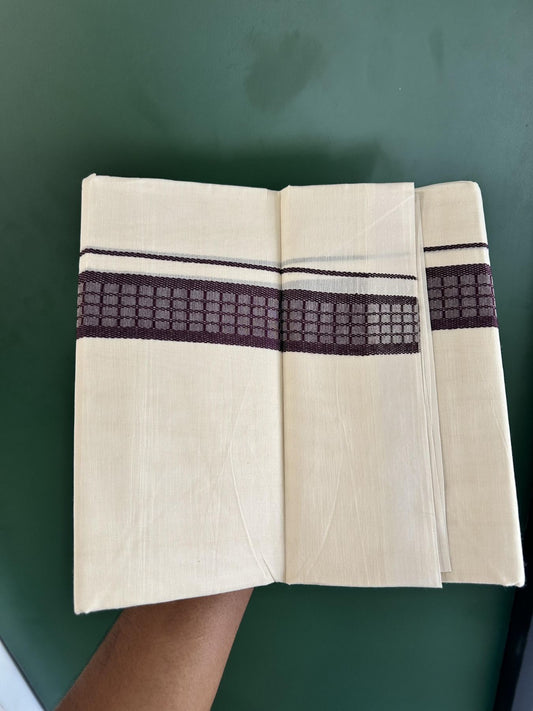 Double Off White (Unbleached) Mundu/Dhoti- 20% Discount! KaithariKada 100%  Cotton - 100X80 - 1.5 inch Dark Plum Shaded Check Designer Kara - 4 mtr (8.5 Muzham) - 6 KK5451 THI