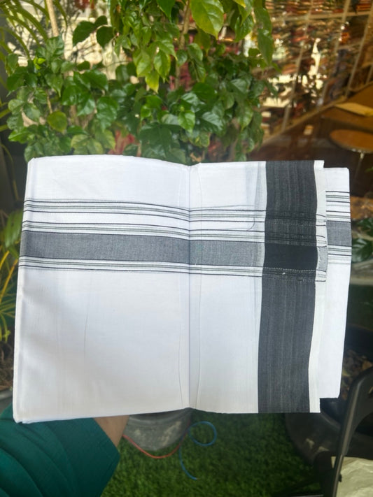 20% DISCOUNT!!! KaithariKada Balaramapuram 100% Cotton DOUBLE PURE WHITE Mundu/Dhoti - 100X80 - 1.75 Inch Black Shaded Stripes kara - 20KK5172PMC