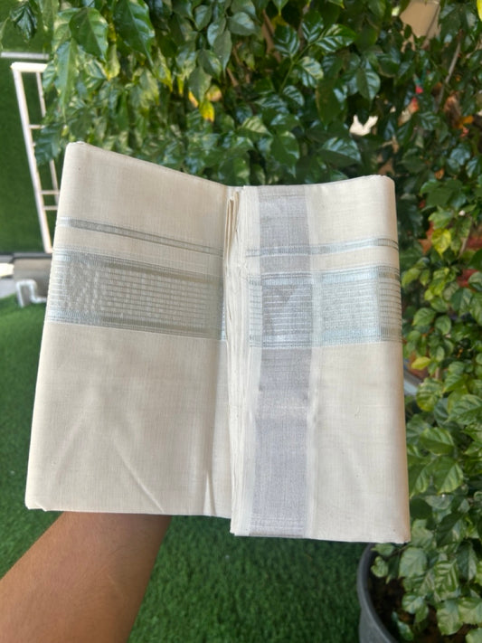 25% DISCOUNT!! KaithariKada Handloom Millpaav Balaramapuram - 100% Pure Cotton OFF White (Unbleached) Double Mundu/Dothi - 80x90 - 2 inch Silver Kasav striped Kara 4 Meters (8.5 Muzham) - 1 KK5264 RAM