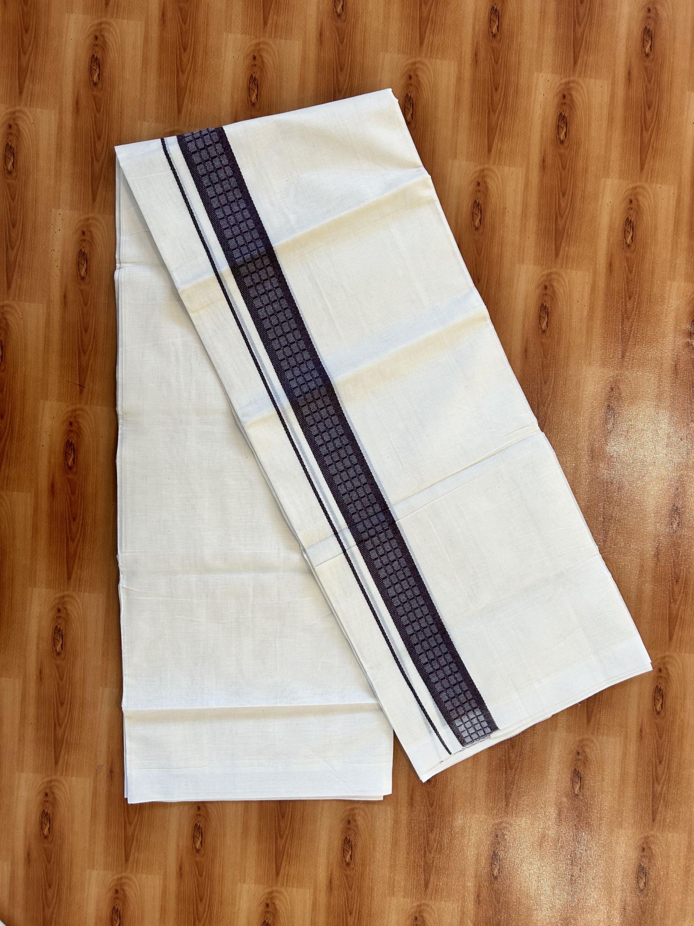 Double Off White (Unbleached) Mundu/Dhoti- 20% Discount! KaithariKada 100%  Cotton - 100X80 - 1.5 inch Dark Plum Shaded Check Designer Kara - 4 mtr (8.5 Muzham) - 6 KK5451 THI