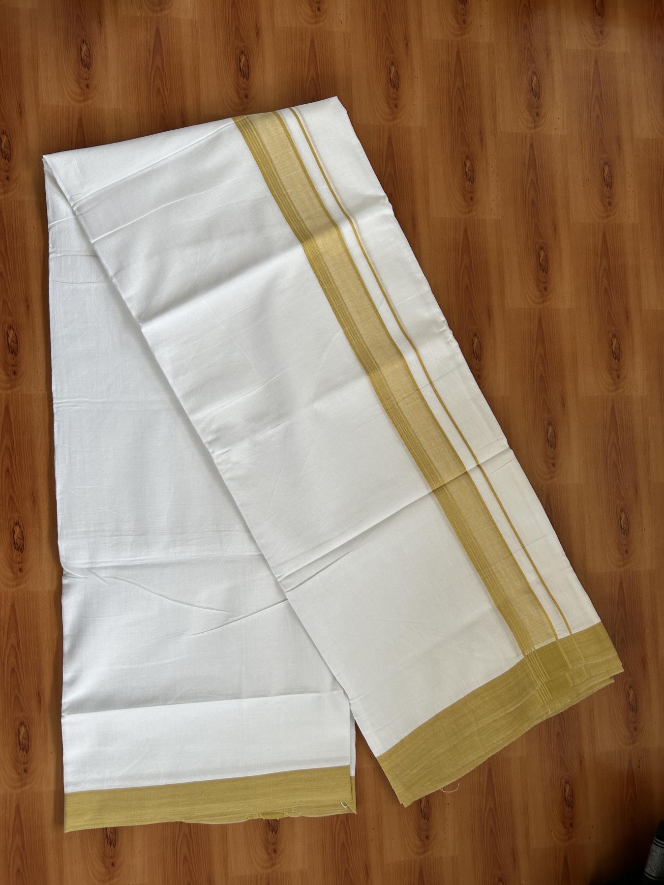 DOUBLE PURE WHITE MUND/DHOTHI 20% Discount ! KaithariKada Balaramapuram - 100% Pure Cotton  100x80 - 1.5 inch Mustard Yellow striped Kara  4.5 Meters (10 Muzham) - 27 KK5391 THI