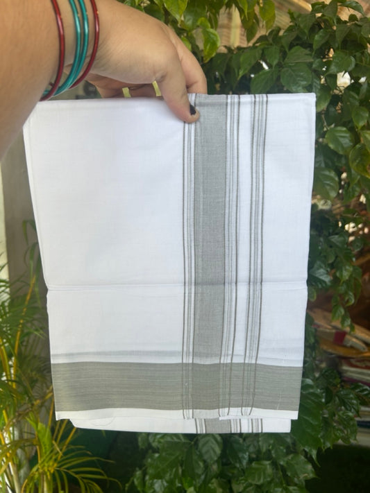 20% DISCOUNT!!! KaithariKada Balaramapuram 100% Cotton DOUBLE PURE WHITE Mundu/Dhoti - 100X80 - 1.75 Inch Sage Grey Shaded Stripes kara - 19KK5172PMC