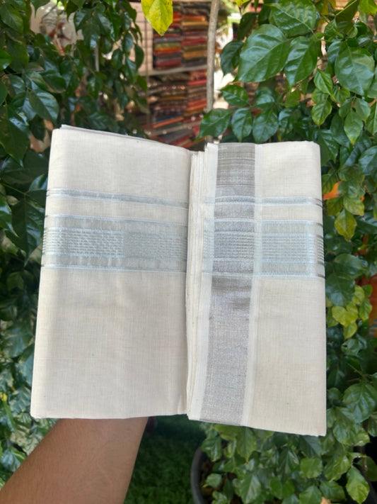 25% DISCOUNT!! KaithariKada Handloom Millpaav Balaramapuram - 100% Pure Cotton OFF White (Unbleached) Double Mundu/Dothi - 80x90 - 1.75 inch Silver Kasav Center striped Kara 4 Meters (8.5 Muzham) - 2 KK5264 RAM