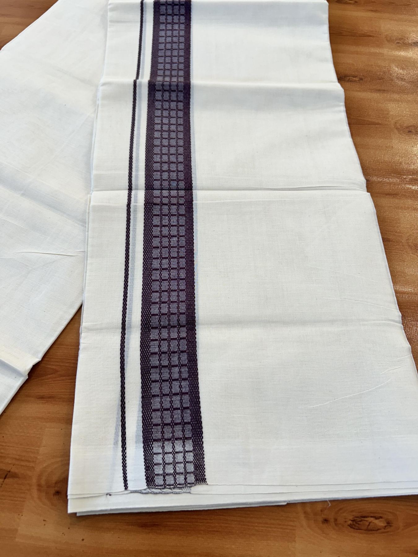 Double Off White (Unbleached) Mundu/Dhoti- 20% Discount! KaithariKada 100%  Cotton - 100X80 - 1.5 inch Dark Plum Shaded Check Designer Kara - 4 mtr (8.5 Muzham) - 6 KK5451 THI