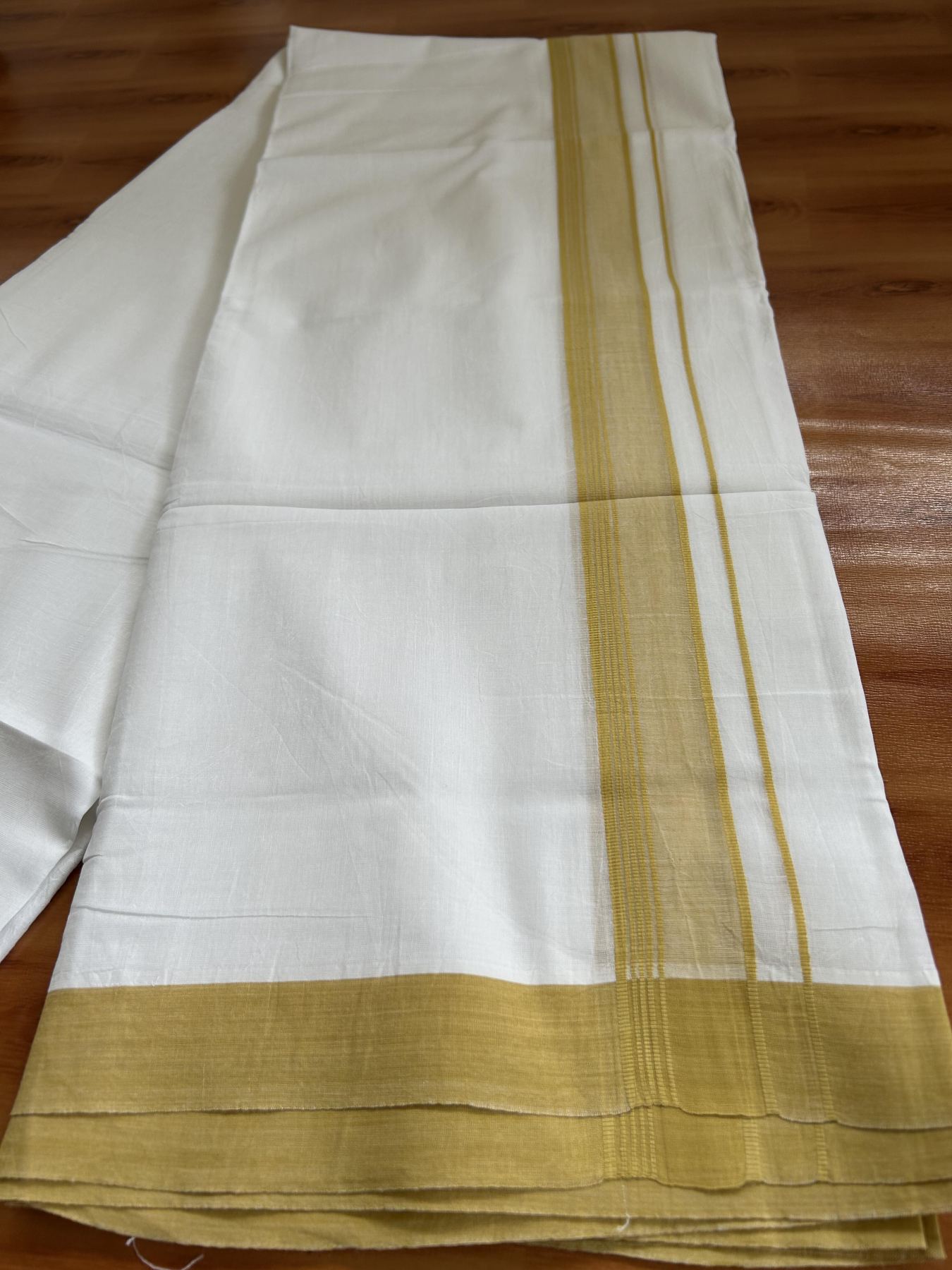 DOUBLE PURE WHITE MUND/DHOTHI 20% Discount ! KaithariKada Balaramapuram - 100% Pure Cotton  100x80 - 1.5 inch Mustard Yellow striped Kara  4.5 Meters (10 Muzham) - 27 KK5391 THI