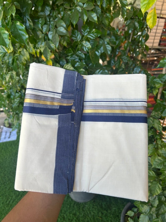 25% Discount!! KaithariKada Handloom Millpaav Balaramapuram - 100% Pure Cotton Off White Double - (Unbleached) Mundu/Dothi -80x90 - 1.5 Inch Silver Kasav & Gold Kasav Navy Blue Stripes kara 4mtr (8.5 muzham) - 9 KK5264 RAM