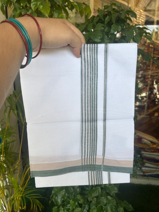 20% DISCOUNT ! KaithariKada Balaramapuram 100% Cotton Double PURE WHITE Mundu/Dhoti - 100X80 - 1.5 inch Silver kasavu Green  & Cream Stripes kara - 21KK5172PMC