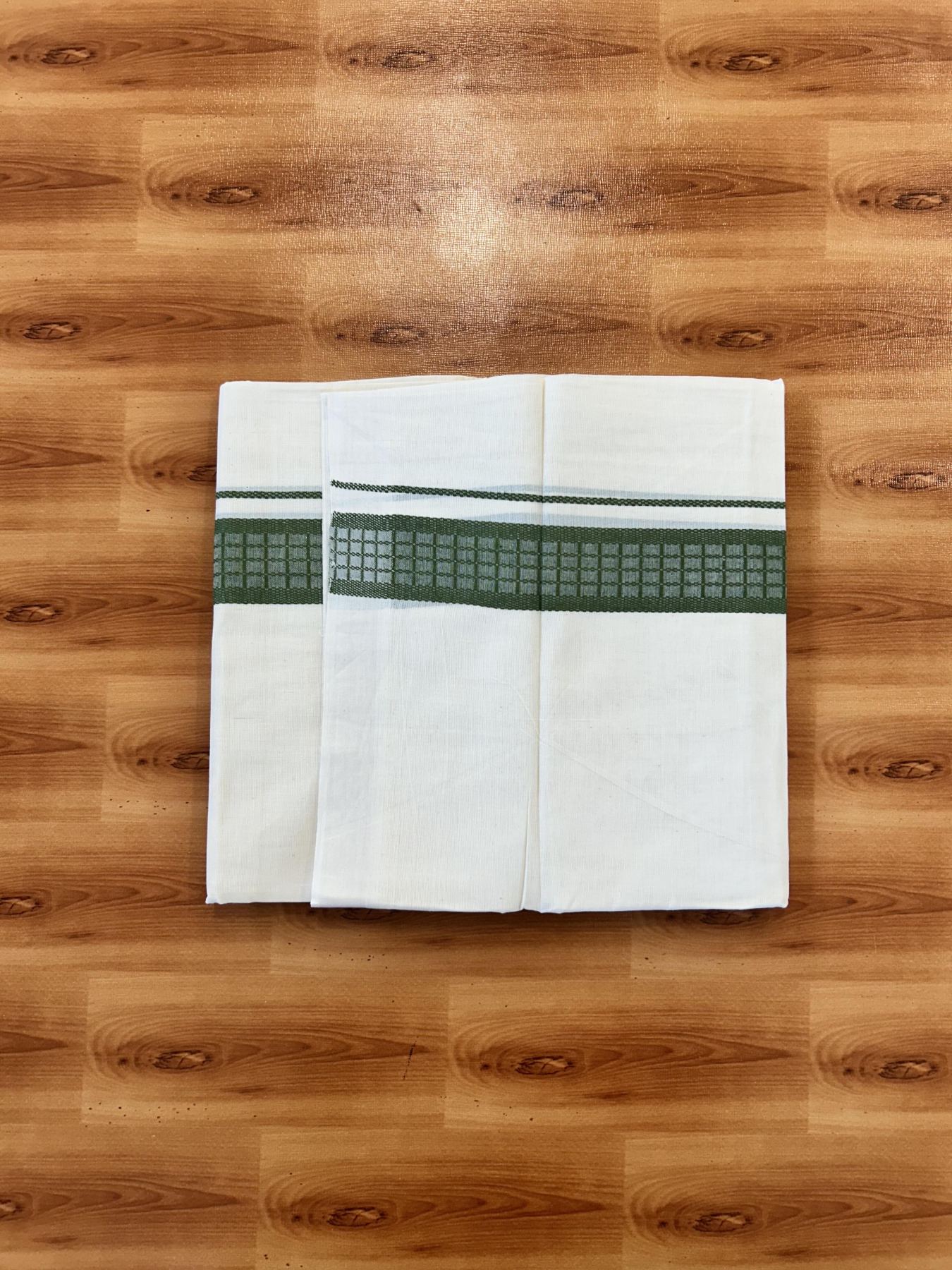 Double Off White (Unbleached) Mundu/Dhoti- 20% Discount! KaithariKada 100%  Cotton - 100X80 - 1.5 inch Olive Green Shaded Check Designer Kara - 4 mtr (8.5 Muzham) - 7 KK5451 THI