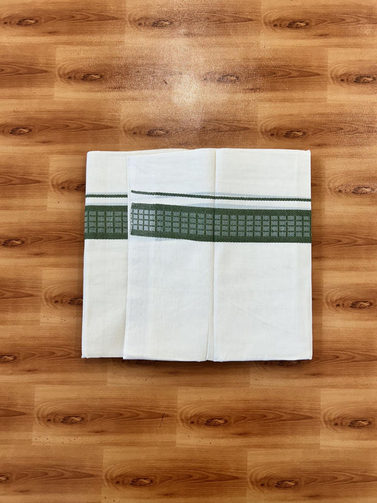 Double Off White (Unbleached) Mundu/Dhoti- 20% Discount! KaithariKada 100%  Cotton - 100X80 - 1.5 inch Olive Green Shaded Check Designer Kara - 4 mtr (8.5 Muzham) - 7 KK5451 THI