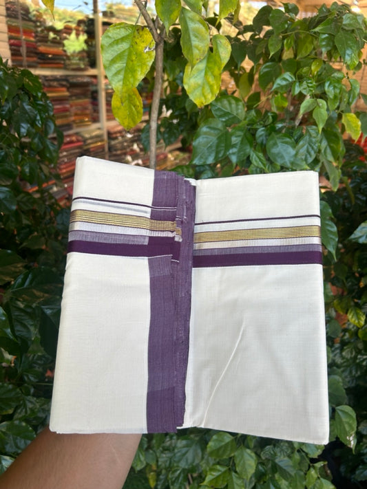 25% Discount!! KaithariKada Handloom Millpaav Balaramapuram - 100% Pure Cotton Off White Double - (Unbleached) Mundu/Dothi -80x90 - 1.5 Inch Silver Kasav & Gold Kasav Wine Purple Stripes kara 4mtr (8.5 muzham) - 10 KK5264 RAM