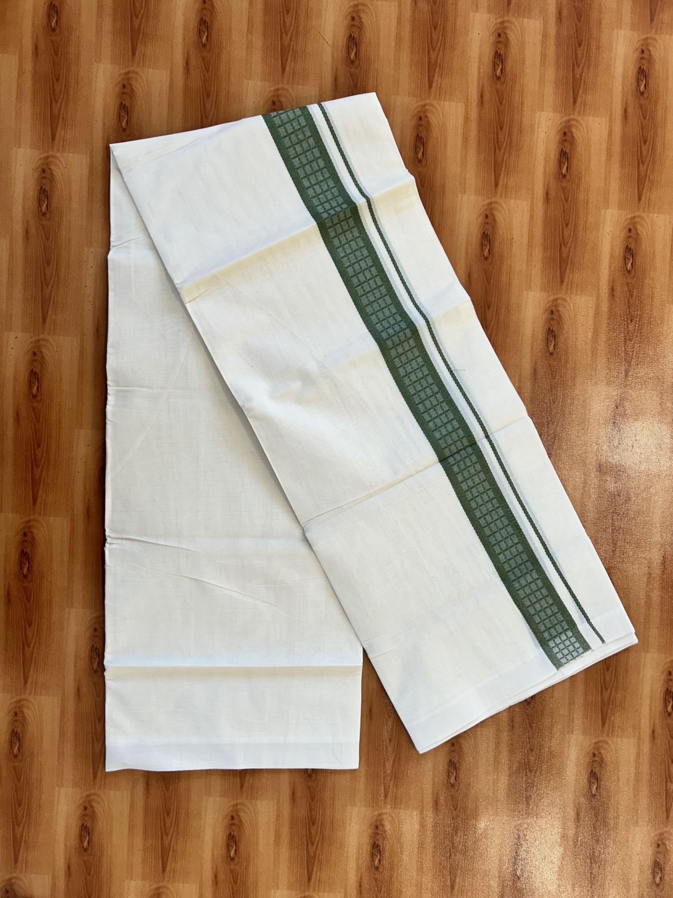 Double Off White (Unbleached) Mundu/Dhoti- 20% Discount! KaithariKada 100%  Cotton - 100X80 - 1.5 inch Olive Green Shaded Check Designer Kara - 4 mtr (8.5 Muzham) - 7 KK5451 THI