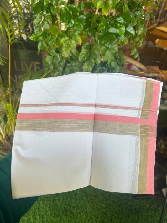 20% DISCOUNT ! KaithariKada Balaramapuram 100% Cotton Double PURE WHITE Mundu/Dhoti - 100X80 - 1.5 inch Silver kasavu Peach & Beige Shaded Stripes kara - 27KK5172PMC