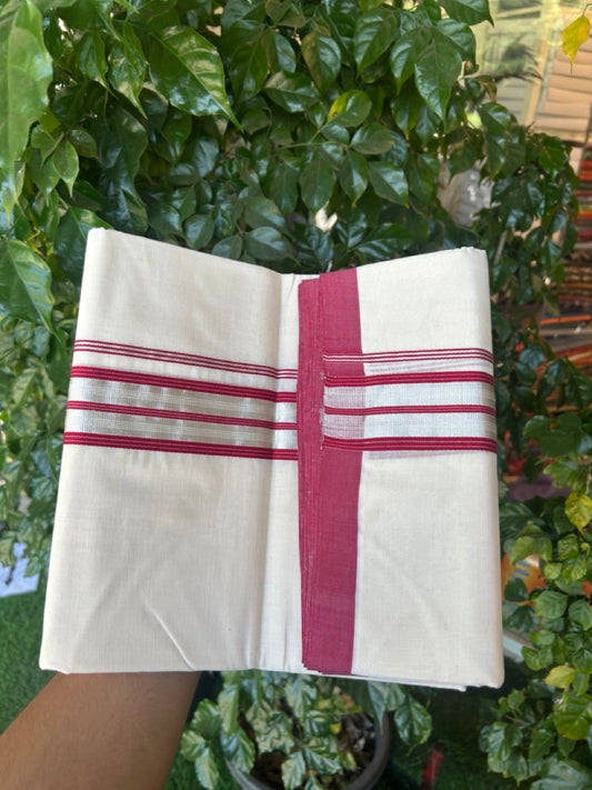 25% Discount!! KaithariKada Handloom Millpaav Balaramapuram - 100% Pure Cotton Off White Double - (Unbleached) Mundu/Dothi -80x90 - 1.75 Inch Silver Kasav & Reddish Maroon Stripes kara 4mtr (8.5 muzham) - 13 KK5264 RAM