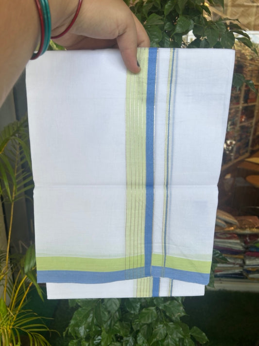 20% DISCOUNT ! KaithariKada Balaramapuram 100% Cotton Double PURE WHITE Mundu/Dhoti - 100X80 - 1.5 inch Silver kasavu Blue & Yellow Green Shaded Stripes kara - 26KK5172PMC