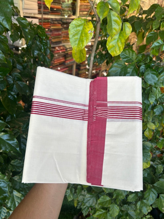 25% Discount!! KaithariKada Handloom Millpaav Balaramapuram - 100% Pure Cotton Off White Double - (Unbleached) Mundu/Dothi -80x90 - 1.25 Inch Silver Kasav & Reddish Maroon Stripes kara 4mtr (8.5 muzham) - 12 KK5264 RAM