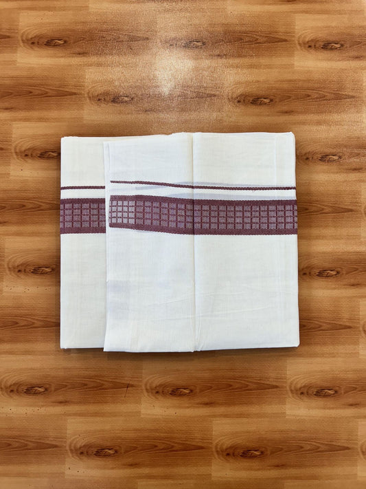 Double Off White (Unbleached) Mundu/Dhoti- 20% Discount! KaithariKada 100%  Cotton - 100X80 - 1.5 inch Royal Chestnut Shaded Check Designer Kara - 4 mtr (8.5 Muzham) - 8 KK5451 THI