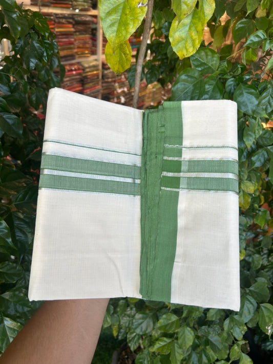 25% Discount!! KaithariKada Handloom Millpaav Balaramapuram - 100% Pure Cotton Off White Double - (Unbleached) Mundu/Dothi -80x90 - 1.75 Inch Silver Kasav & Green Stripes kara 4mtr (8.5 muzham) - 11 KK5264 RAM