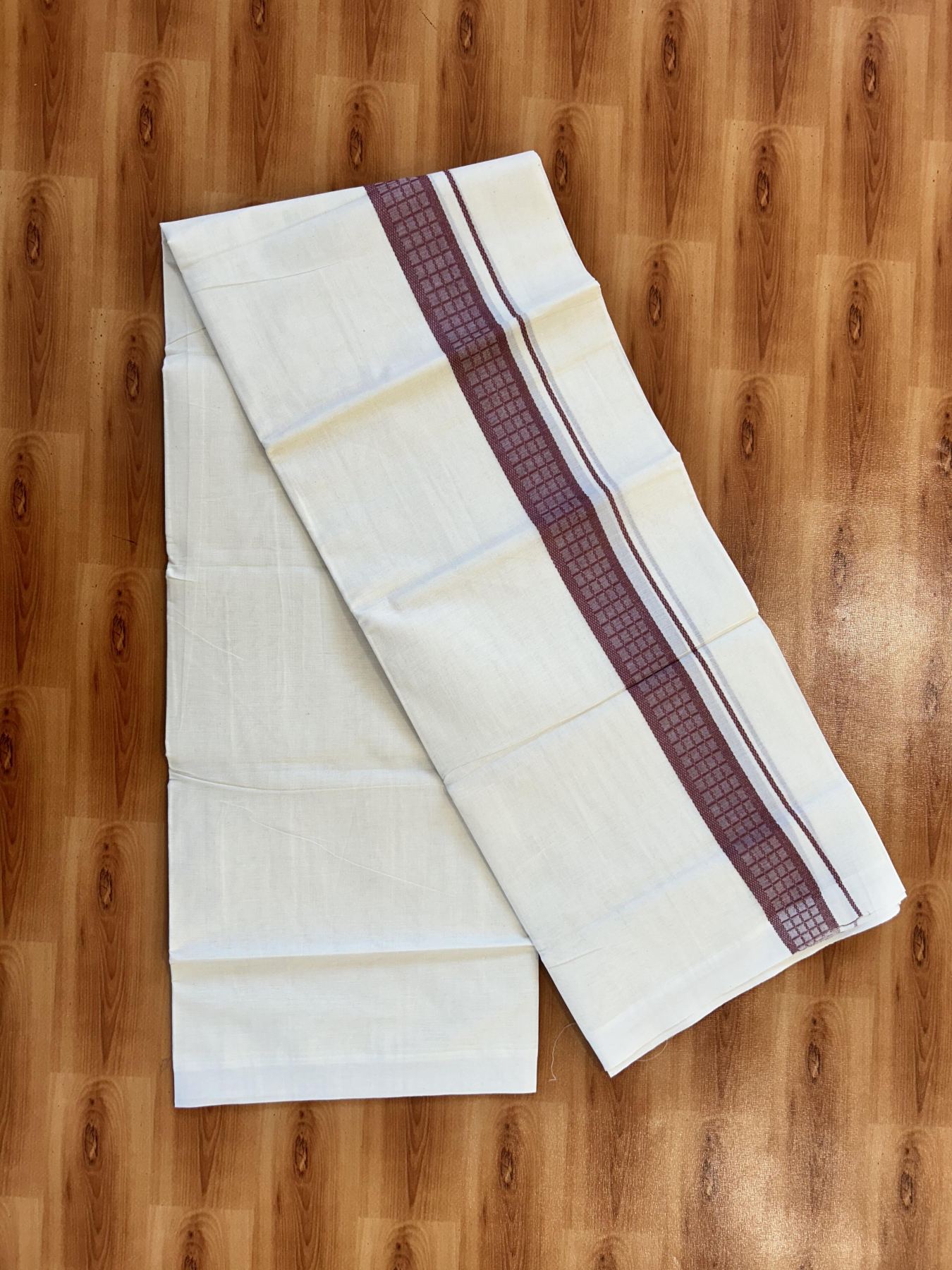 Double Off White (Unbleached) Mundu/Dhoti- 20% Discount! KaithariKada 100%  Cotton - 100X80 - 1.5 inch Royal Chestnut Shaded Check Designer Kara - 4 mtr (8.5 Muzham) - 8 KK5451 THI