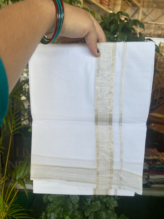 20% DISCOUNT! KaithariKada Balaramapuram 100% Cotton Double pure white - Mundu/Dhoti - 100x80 - 1 inch Silver Stripes Kara - 24KK5172PMC