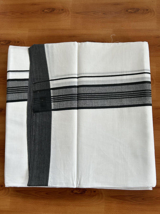 Double Pure white Mundu / Dhothi - 20% Discount ! KaithariKada Balaramapuram - 100% Pure Cotton 100x80 - 1.5 inch Black Shaded striped Kara 4.5 Meters (10 Muzham) - 26 KK5391 THI