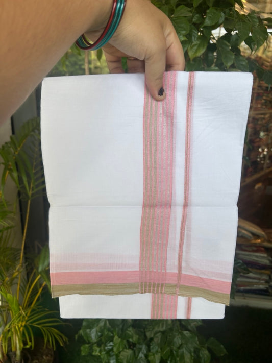 20% DISCOUNT ! KaithariKada Balaramapuram 100% Cotton Double PURE WHITE Mundu/Dhoti - 100X80 - 1.5 inch Silver  kasavu Light Olive Green & Pink Stripes kara - 22KK5172PMC