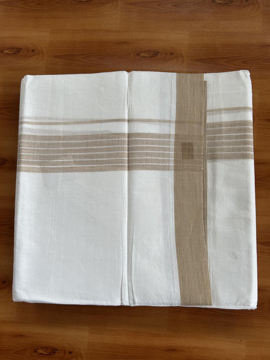 Double Pure white Mundu / Dhothi - 20% Discount ! KaithariKada Balaramapuram - 100% Pure Cotton 100x80 - 1.5 inch Light sand Brown Shaded Striped Kara 4.5 Meters (10 Muzham) - 28 KK5391 THI