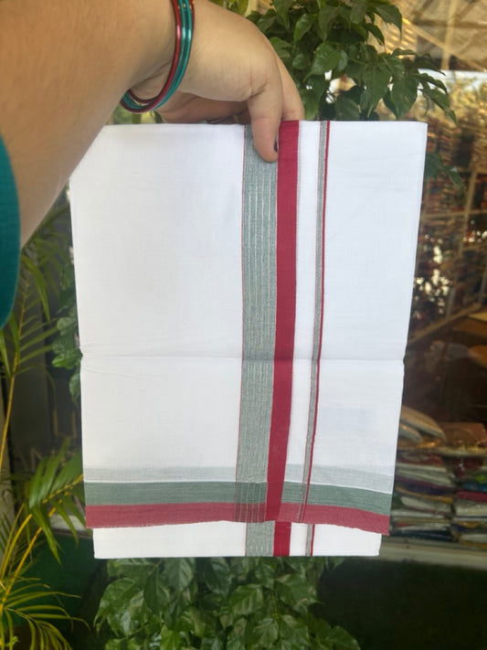 20% DISCOUNT ! KaithariKada Balaramapuram 100% Cotton Double PURE WHITE Mundu/Dhoti - 100X80 - 1.5 inch Silver kasavu Peach Maroon & Green Shaded Stripes kara - 25KK5172PMC