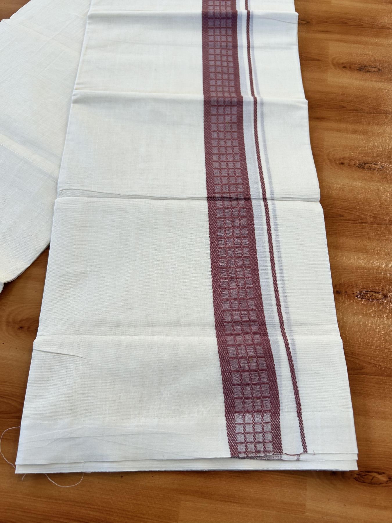 Double Off White (Unbleached) Mundu/Dhoti- 20% Discount! KaithariKada 100%  Cotton - 100X80 - 1.5 inch Royal Chestnut Shaded Check Designer Kara - 4 mtr (8.5 Muzham) - 8 KK5451 THI