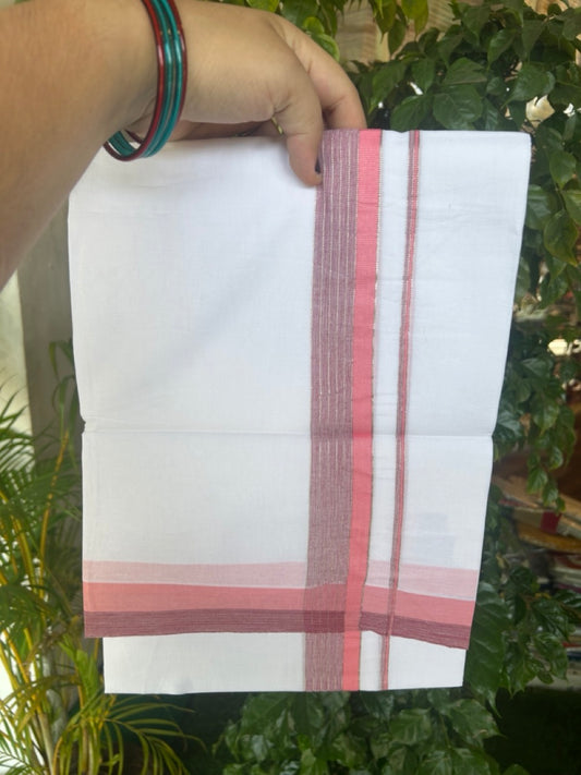20% DISCOUNT ! KaithariKada Balaramapuram 100% Cotton Double PURE WHITE Mundu/Dhoti - 100X80 - 1.5 inch Silver kasavu Peach Pink & Maroon Shaded Stripes kara - 24KK5172PMC