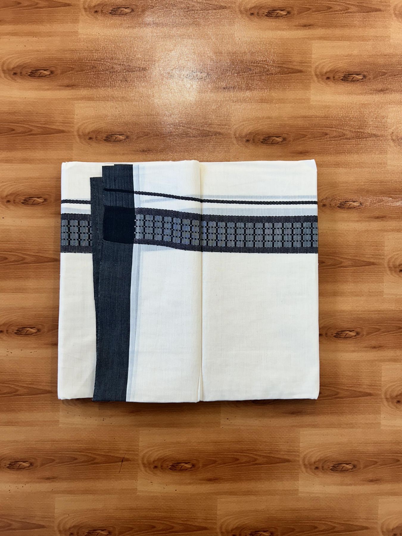 Double Off White (Unbleached) Mundu/Dhoti- 20% Discount! KaithariKada 100%  Cotton - 100X80 - 1.5 inch Black Shaded Check Designer Kara - 4 mtr (8.5 Muzham) - 9 KK5451 THI