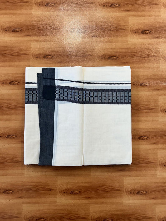 Double Off White (Unbleached) Mundu/Dhoti- 20% Discount! KaithariKada 100%  Cotton - 100X80 - 1.5 inch Black Shaded Check Designer Kara - 4 mtr (8.5 Muzham) - 9 KK5451 THI