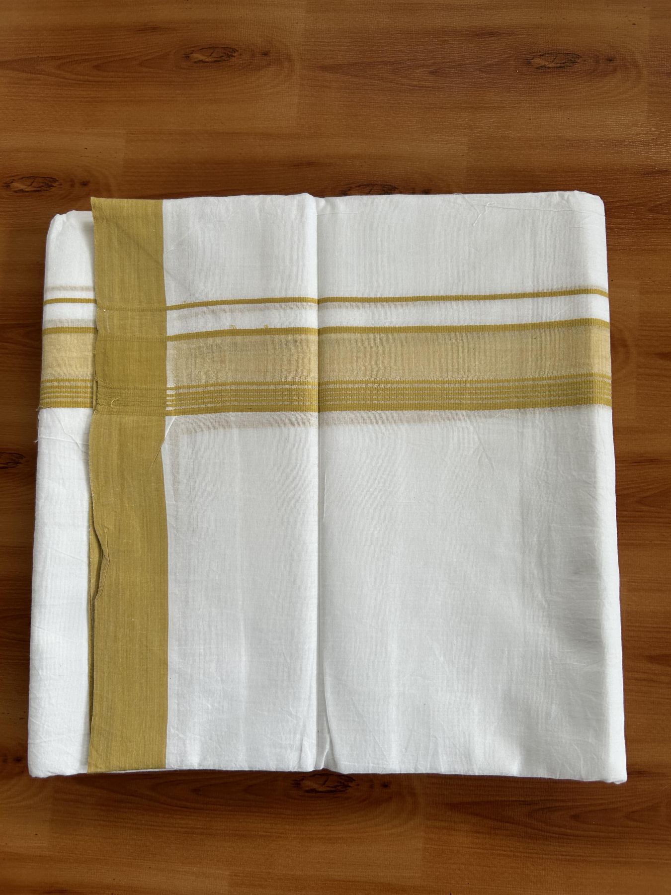 DOUBLE PURE WHITE MUND/DHOTHI 20% Discount ! KaithariKada Balaramapuram - 100% Pure Cotton  100x80 - 1.5 inch Mustard Yellow striped Kara  4.5 Meters (10 Muzham) - 27 KK5391 THI