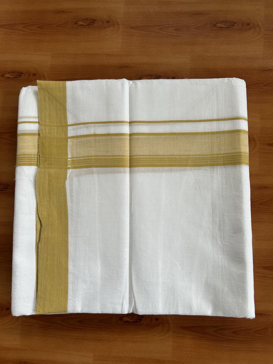 DOUBLE PURE WHITE MUND/DHOTHI 20% Discount ! KaithariKada Balaramapuram - 100% Pure Cotton  100x80 - 1.5 inch Mustard Yellow striped Kara  4.5 Meters (10 Muzham) - 27 KK5391 THI