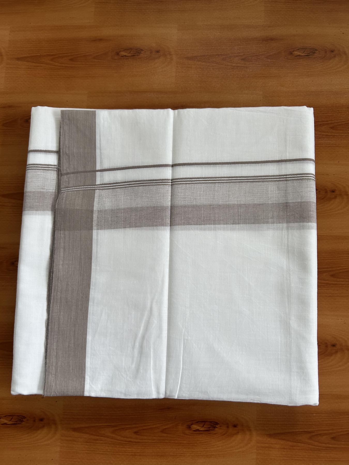 Double Pure white Mundu / Dhothi - 20% Discount ! KaithariKada Balaramapuram - 100% Pure Cotton 100x80 - 1.5 inch Greyish Brown Shaded Striped Kara 4.5 Meters (10 Muzham) - 29 KK5391 THI