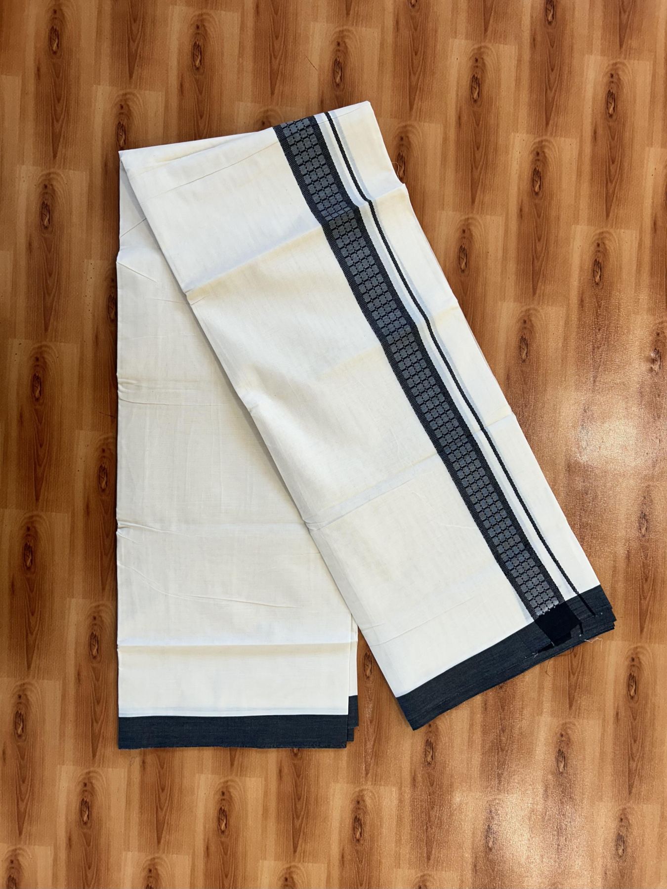 Double Off White (Unbleached) Mundu/Dhoti- 20% Discount! KaithariKada 100%  Cotton - 100X80 - 1.5 inch Black Shaded Check Designer Kara - 4 mtr (8.5 Muzham) - 9 KK5451 THI