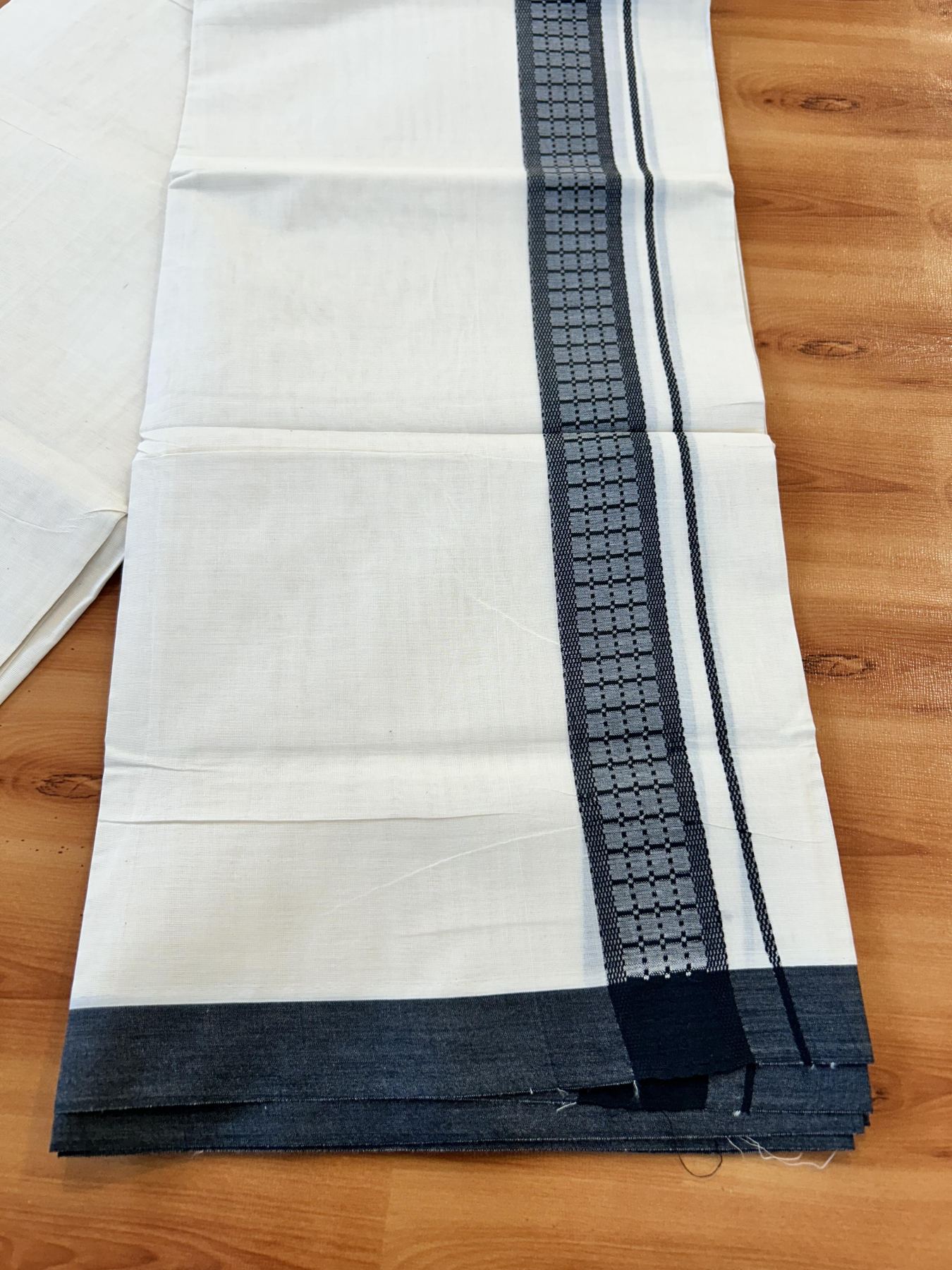 Double Off White (Unbleached) Mundu/Dhoti- 20% Discount! KaithariKada 100%  Cotton - 100X80 - 1.5 inch Black Shaded Check Designer Kara - 4 mtr (8.5 Muzham) - 9 KK5451 THI