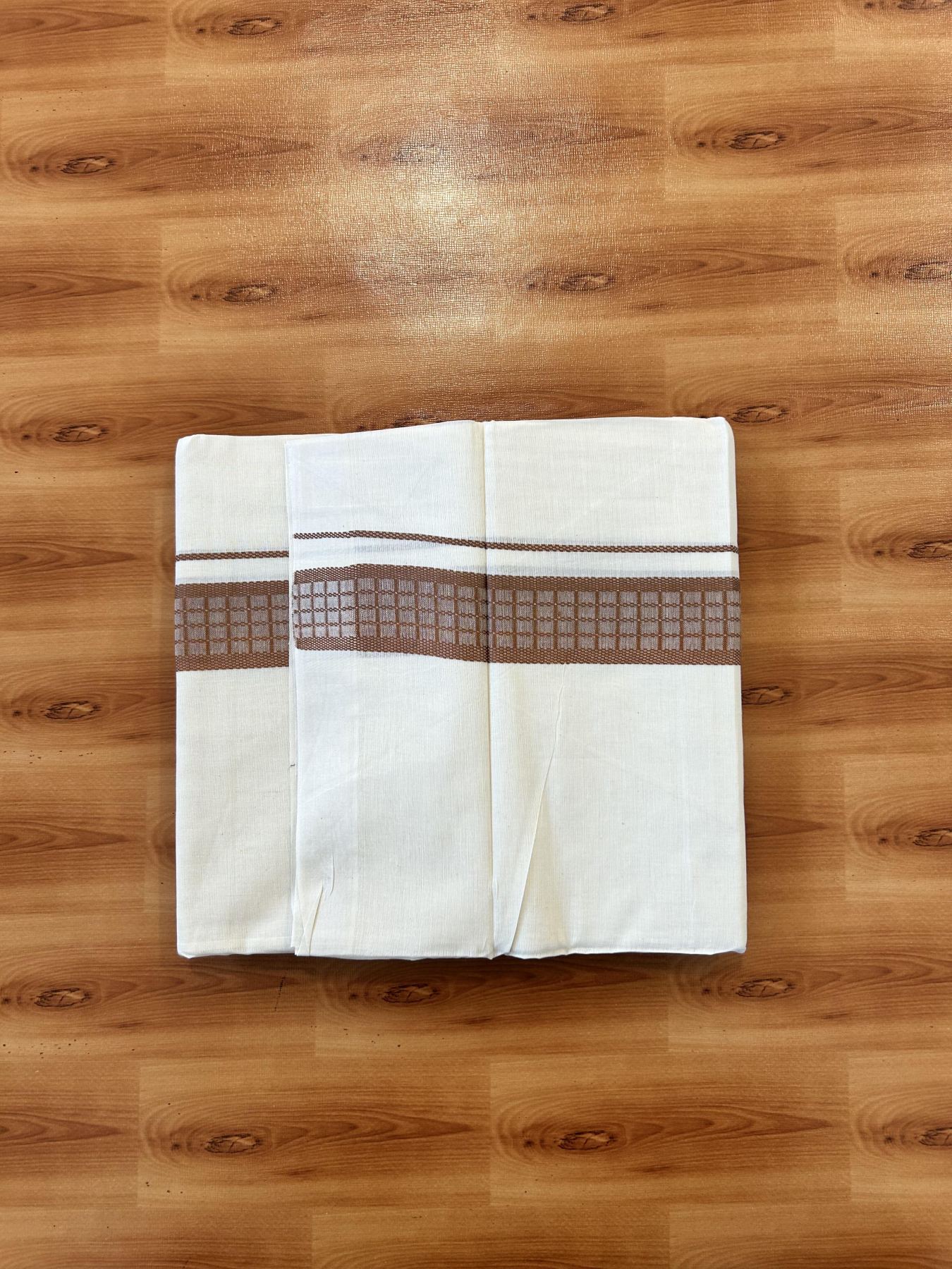 Double Off White (Unbleached) Mundu/Dhoti- 20% Discount! KaithariKada 100%  Cotton - 100X80 - 1.5 inch Light Brown Shaded Check Designer Kara - 4 mtr (8.5 Muzham) - 10 KK5451 THI