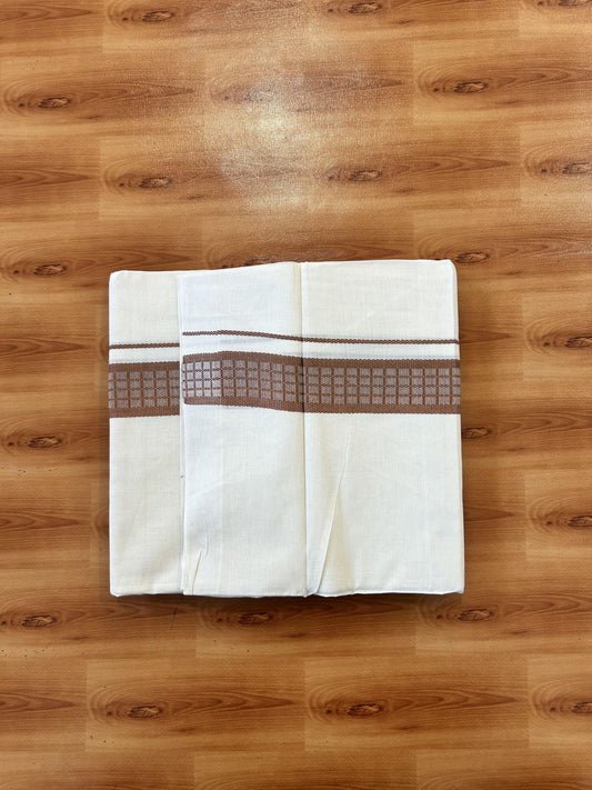 Double Off White (Unbleached) Mundu/Dhoti- 20% Discount! KaithariKada 100%  Cotton - 100X80 - 1.5 inch Light Brown Shaded Check Designer Kara - 4 mtr (8.5 Muzham) - 10 KK5451 THI