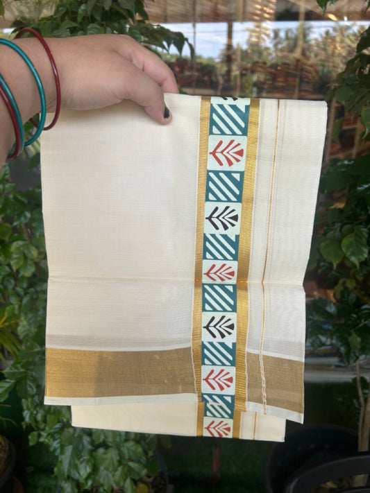 20% DISCOUNT! KaithariKada Balaramapuram 100% Cotton off white - (Unbleached) Double Mundu/Dhoti - 80X72  Cotton mix - 2 inch Printed Multicolour & Gold kasavu kara - 2KK5172PMC
